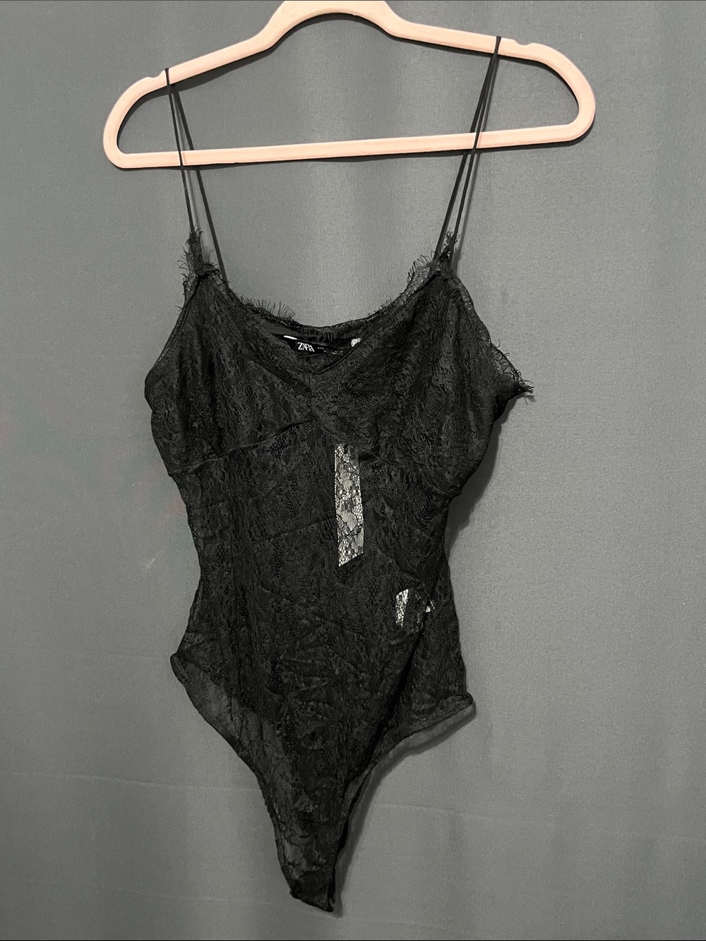 Zara NWT Black Sheer Lace Bodysuit with Spaghetti Straps